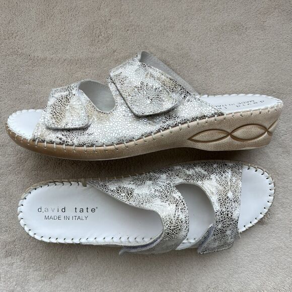 David Tate White w/ Crackle Bronze Leather Wedge Heel Slide Sandals Women 10 N - Picture 16 of 16